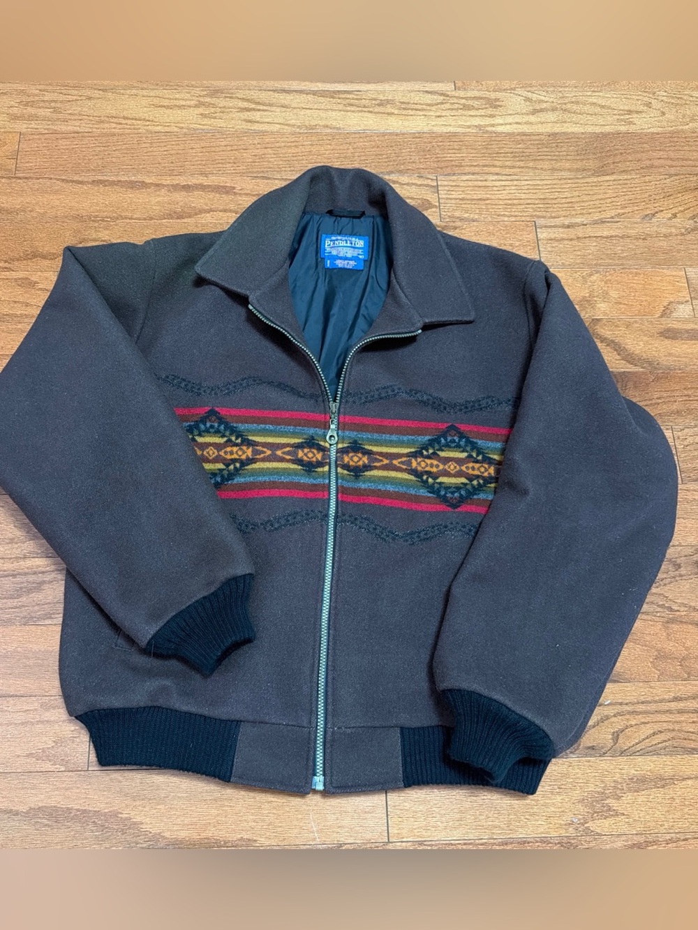 Pendleton Men’s  Brown Wool Zip-Up bomber Jacket with Multicolor Stripe